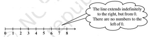 Figure shows the number line extending till infinity to the right of 0. Whole numbers 0, 1, 2, 3, 4, 5, .. ..  are marked on the number line. By Dr TKBansal.  