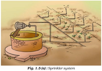 Figure shows a Sprinkler irrigation is a method of applying irrigation water which is similar to natural rainfall. Water is distributed through a system of pipes usually by pumping. It is then sprayed into the air through sprinklers so that it breaks up into small water drops which fall to the ground.