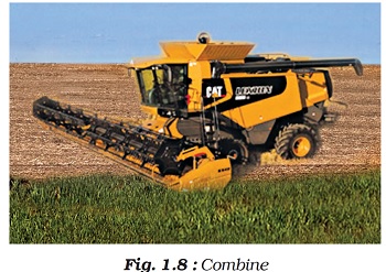 Figure shows a Combine Harvester commonly known as 'combine' is a key invention that saves cost and time for farmers. Like the name suggests, this machine simply combines the three major harvesting operations – reaping, threshing, and winnowing into a single process