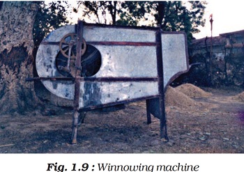 Figure shows a winnowing machine is a machine used to separate the chaff from the cereal grains. The machine works by blowing air through the grains, which separates the lighter chaff from the heavier grains. The chaff is then blown away, while the grains fall through a series of screens to the ground